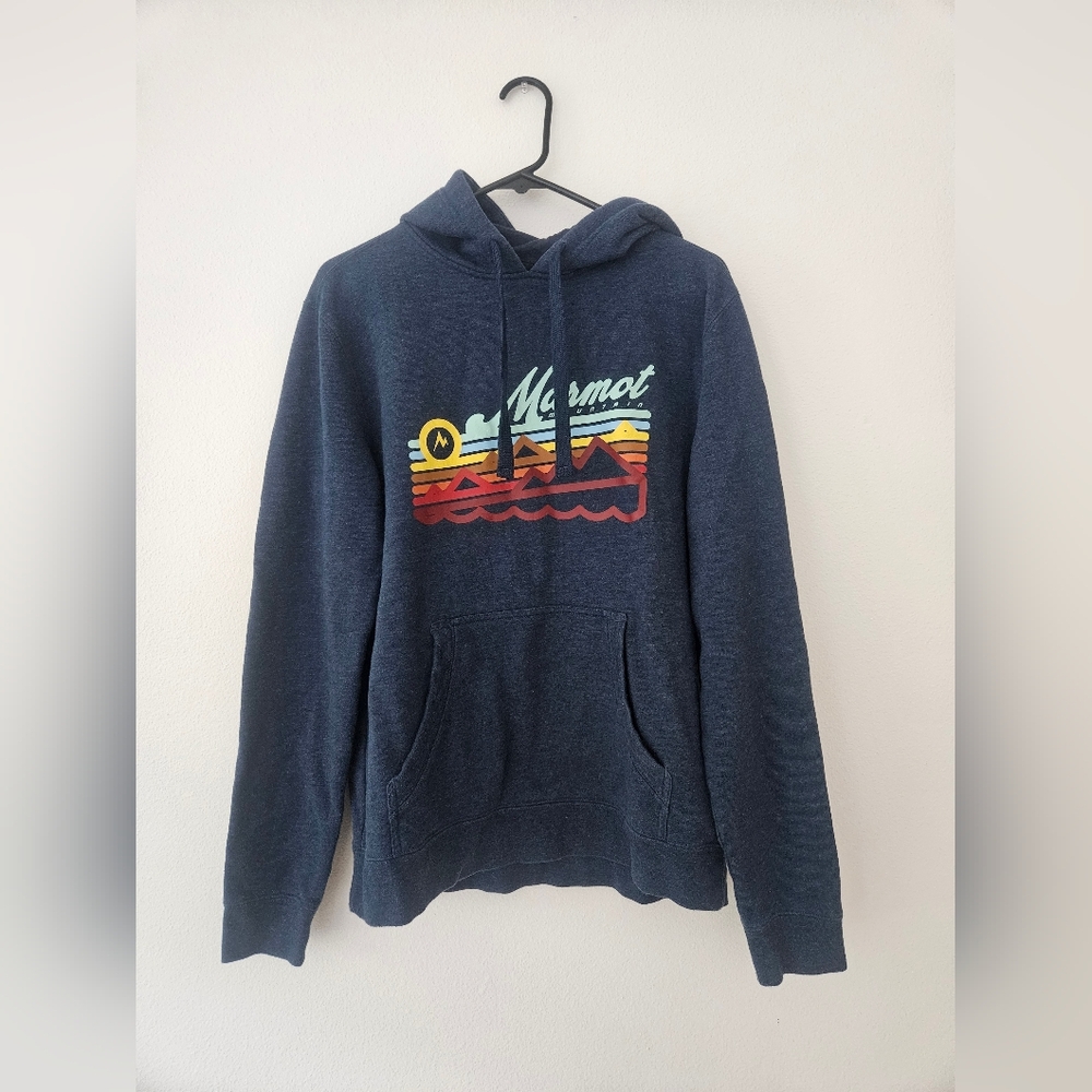 Marmot Hoodie Mens Size M Blue Mountain Pullover Fleece Sweatshirt Outdoor